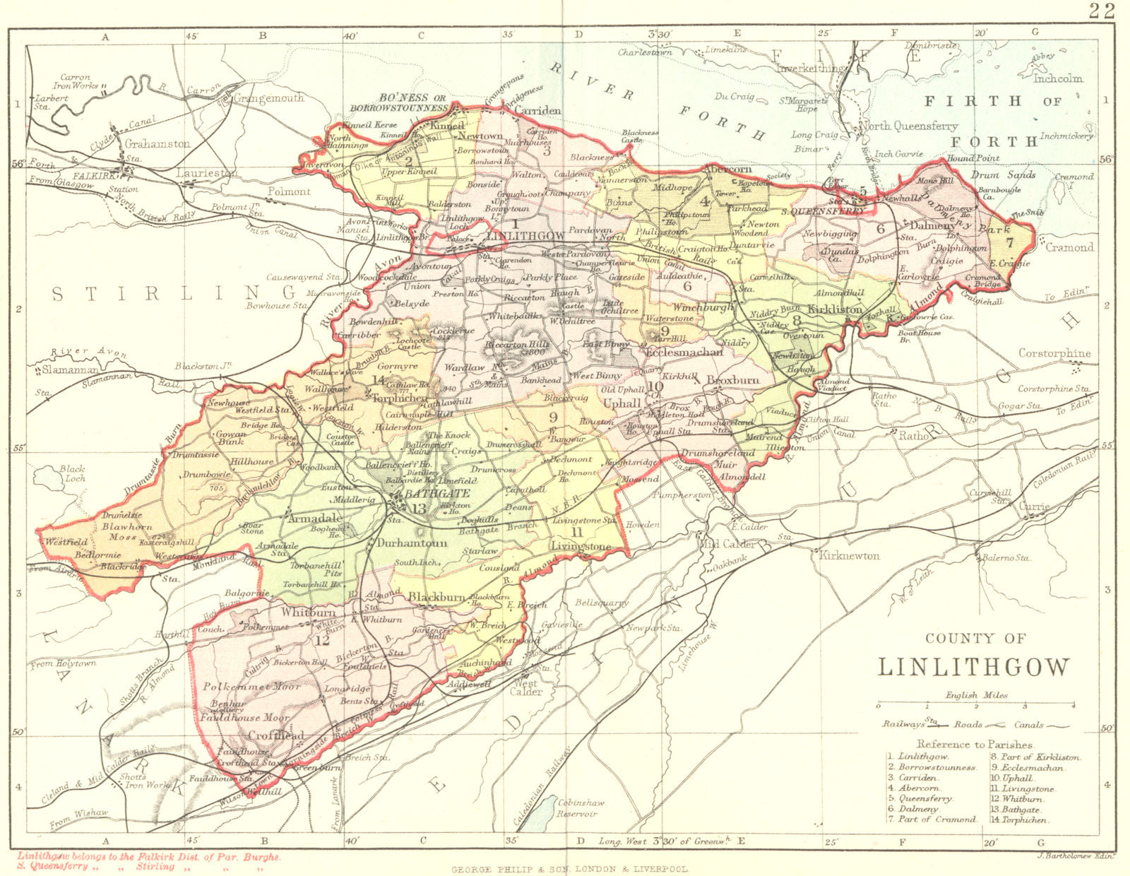 SCOTLAND. Linlithgow. Linlithgowshire; Philip 1891 old antique map plan chart